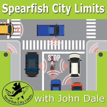 Graphic of vehicles and poles at anintersection beaming RF signals out